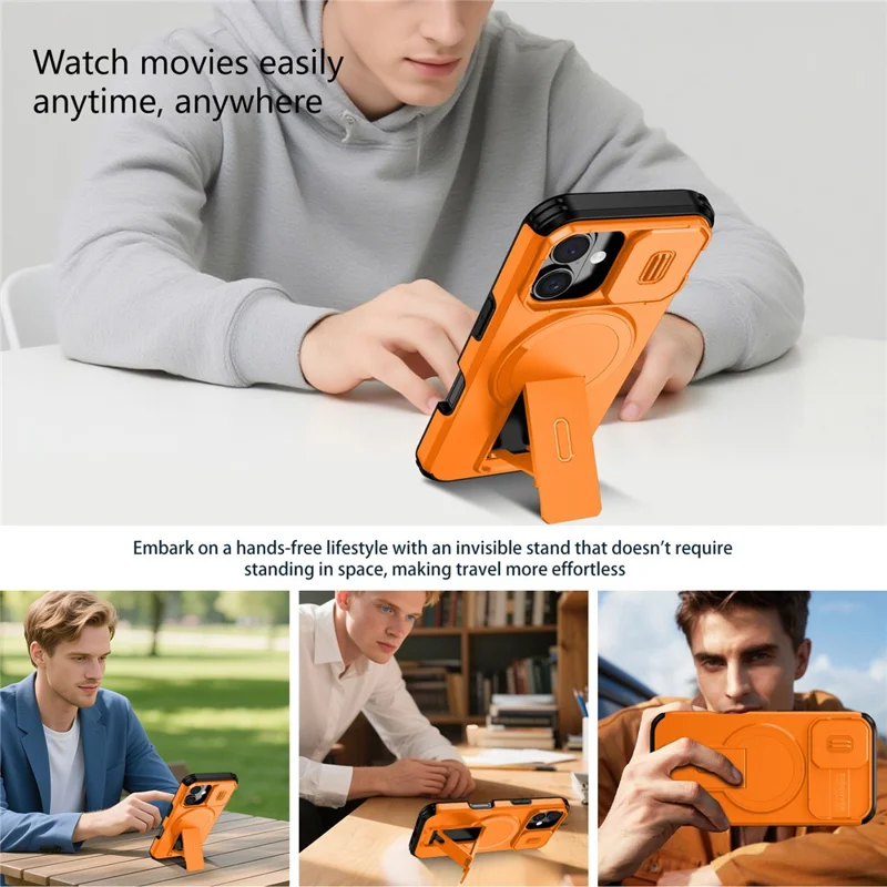 For iPhone 16 Case Kickstand Camera Slider PC + TPU Phone Cover Compatible with MagSafe - Orange