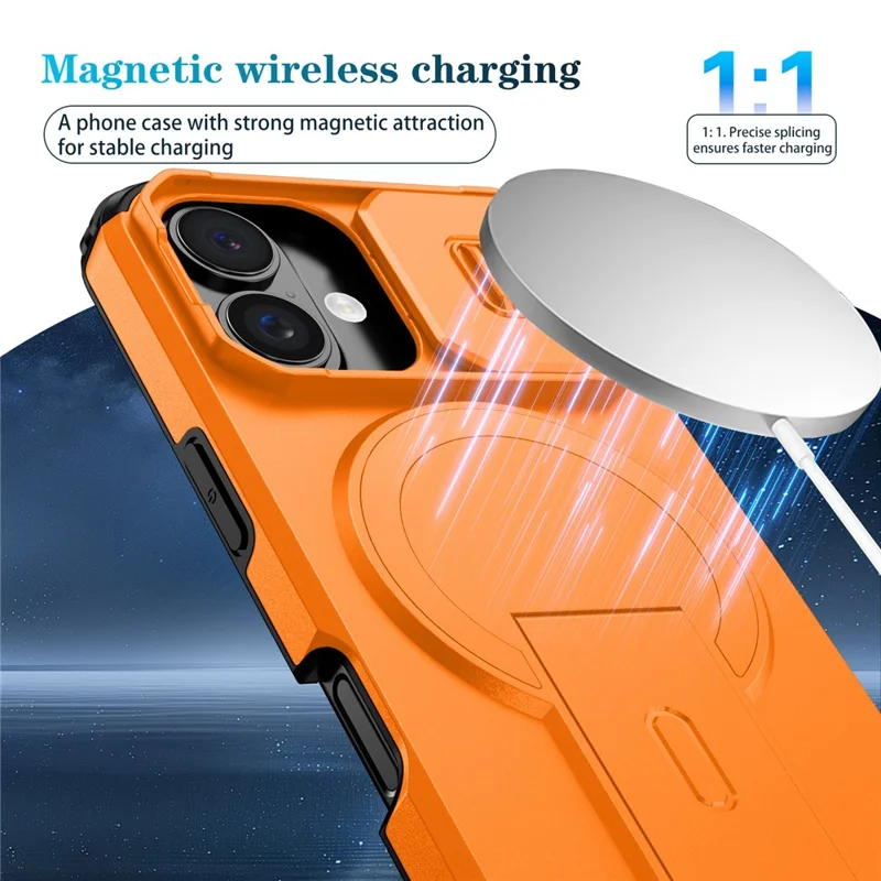 For iPhone 16 Case Kickstand Camera Slider PC + TPU Phone Cover Compatible with MagSafe - Orange