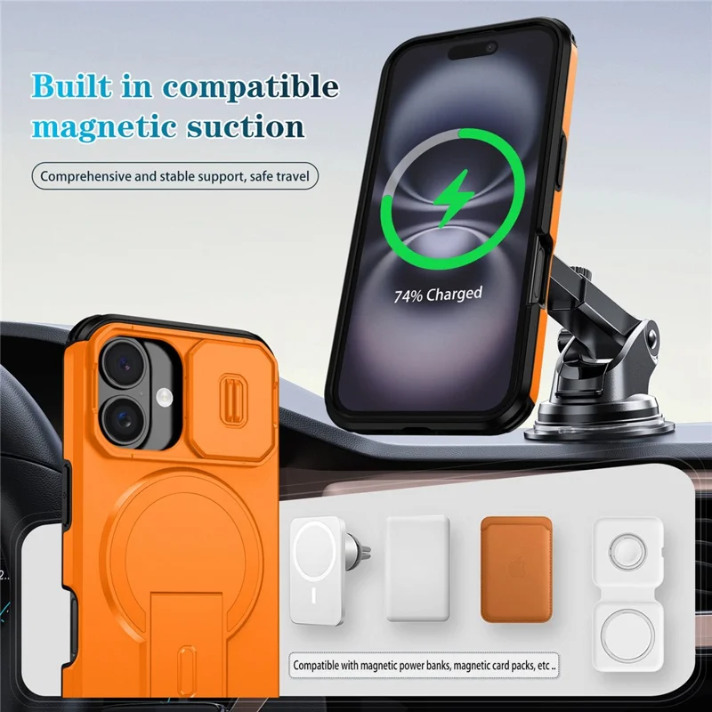 For iPhone 16 Case Kickstand Camera Slider PC + TPU Phone Cover Compatible with MagSafe - Orange