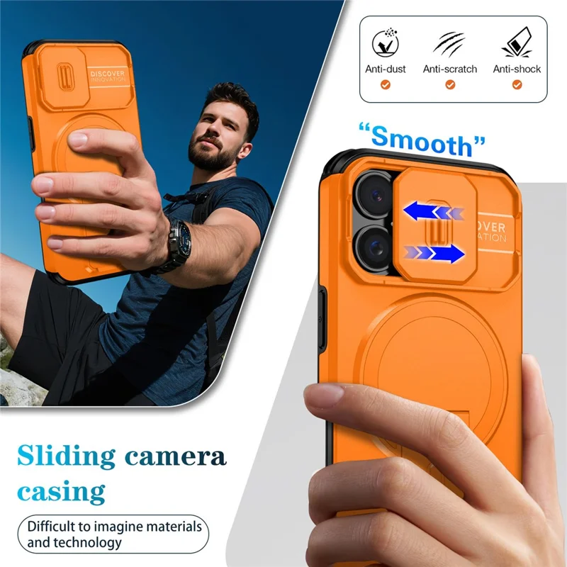 For iPhone 16 Case Kickstand Camera Slider PC + TPU Phone Cover Compatible with MagSafe - Orange