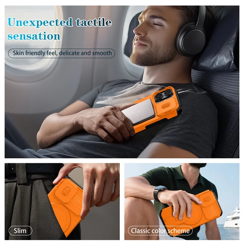 For iPhone 16 Case Kickstand Camera Slider PC + TPU Phone Cover Compatible with MagSafe - Orange
