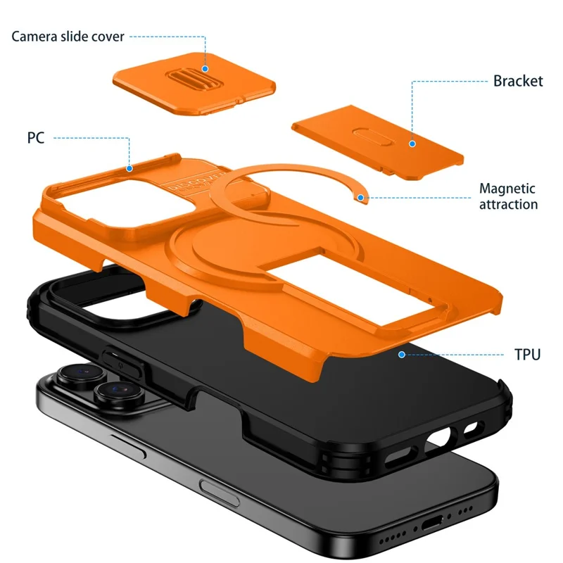 For iPhone 16 Pro Case Kickstand Camera Slider PC + TPU Phone Cover Compatible with MagSafe - Orange