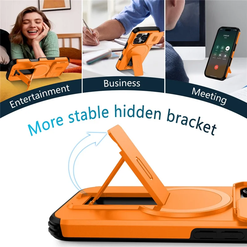 For iPhone 16 Pro Case Kickstand Camera Slider PC + TPU Phone Cover Compatible with MagSafe - Orange