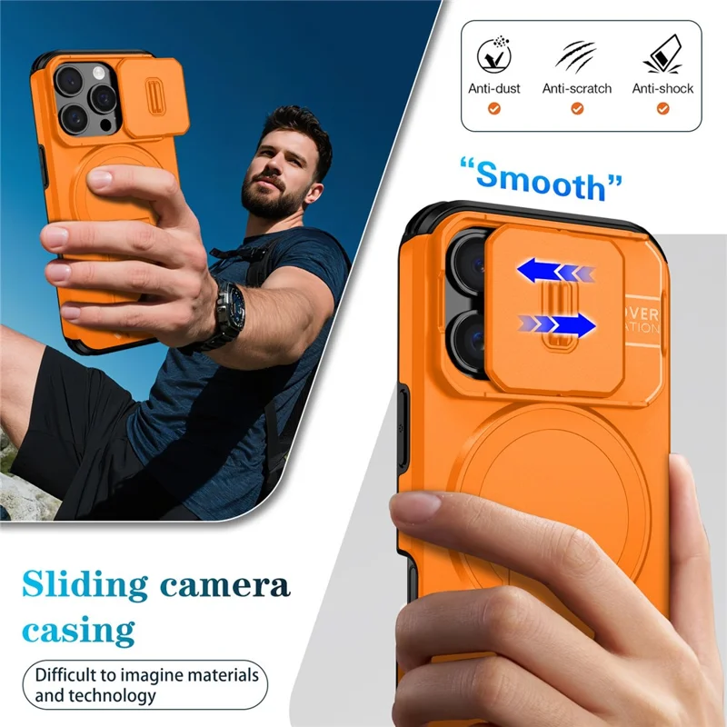 For iPhone 16 Pro Case Kickstand Camera Slider PC + TPU Phone Cover Compatible with MagSafe - Orange