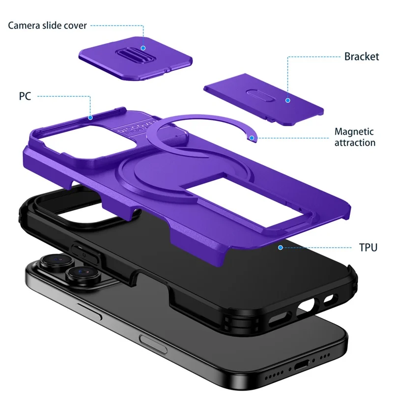 For iPhone 16 Pro Case Kickstand Camera Slider PC + TPU Phone Cover Compatible with MagSafe - Purple