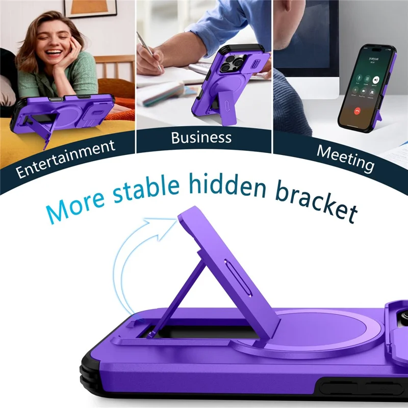 For iPhone 16 Pro Case Kickstand Camera Slider PC + TPU Phone Cover Compatible with MagSafe - Purple