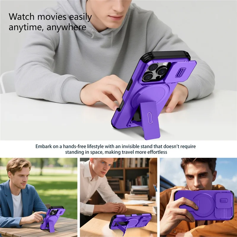 For iPhone 16 Pro Case Kickstand Camera Slider PC + TPU Phone Cover Compatible with MagSafe - Purple