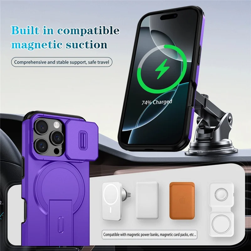 For iPhone 16 Pro Case Kickstand Camera Slider PC + TPU Phone Cover Compatible with MagSafe - Purple