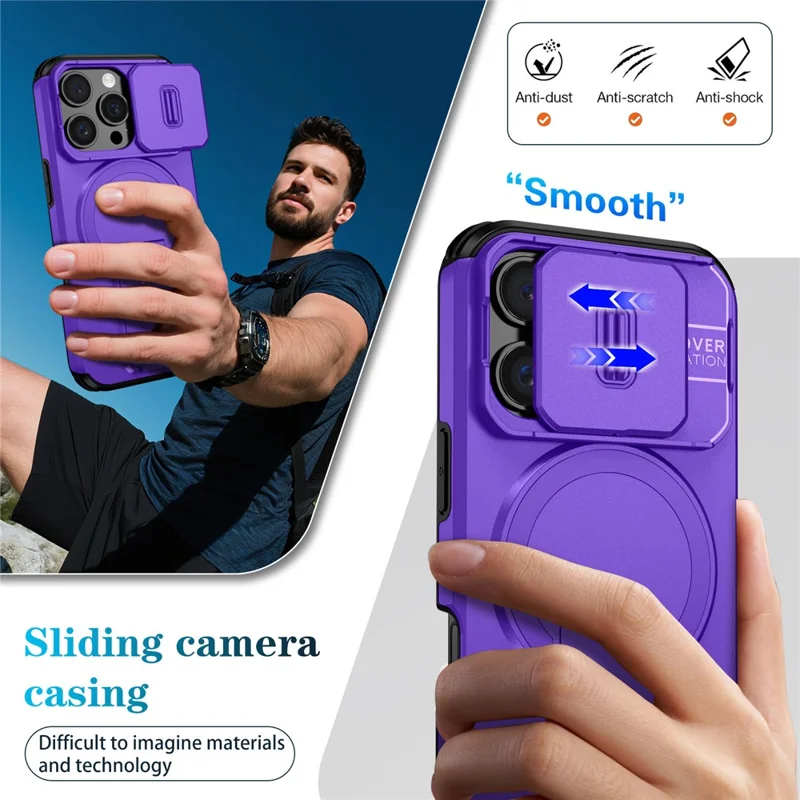 For iPhone 16 Pro Case Kickstand Camera Slider PC + TPU Phone Cover Compatible with MagSafe - Purple