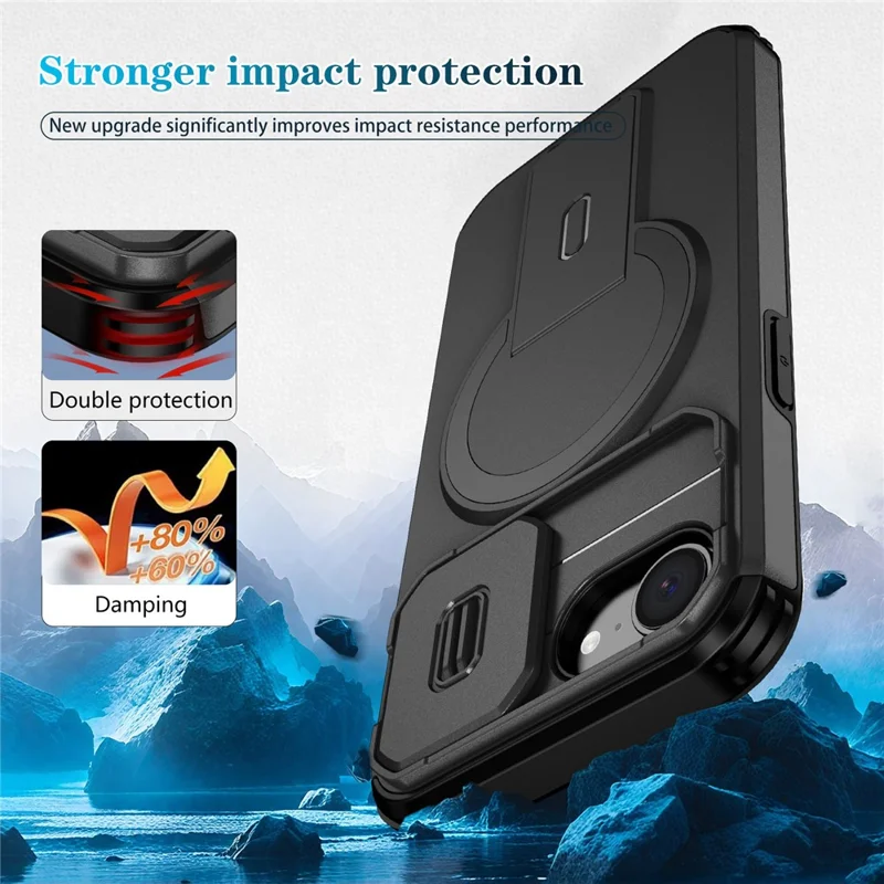 For iPhone 16e Case Kickstand Camera Slider PC + TPU Phone Cover Compatible with MagSafe - Black