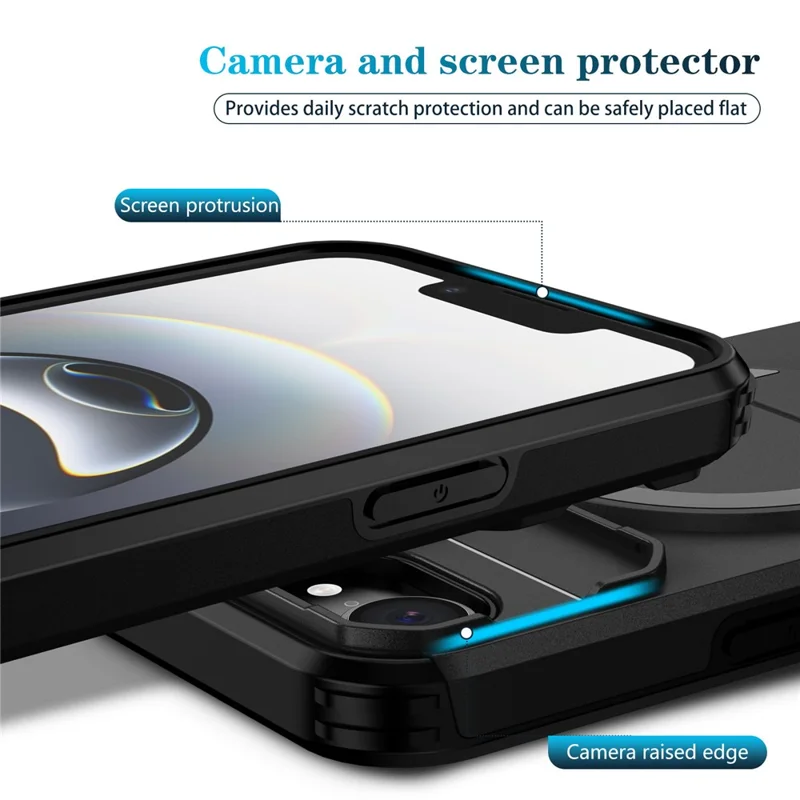 For iPhone 16e Case Kickstand Camera Slider PC + TPU Phone Cover Compatible with MagSafe - Black