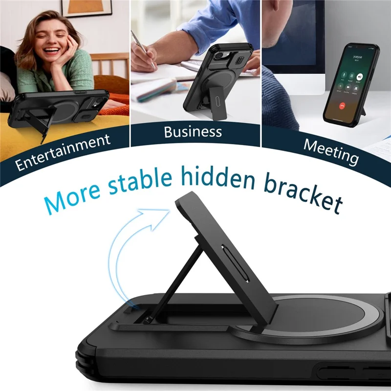 For iPhone 16e Case Kickstand Camera Slider PC + TPU Phone Cover Compatible with MagSafe - Black