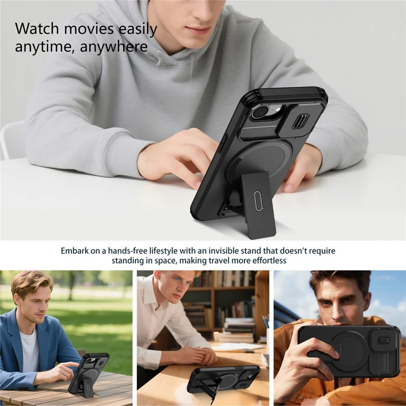 For iPhone 16e Case Kickstand Camera Slider PC + TPU Phone Cover Compatible with MagSafe - Black