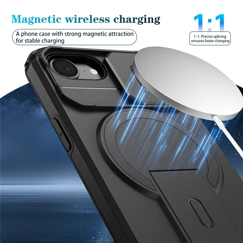 For iPhone 16e Case Kickstand Camera Slider PC + TPU Phone Cover Compatible with MagSafe - Black