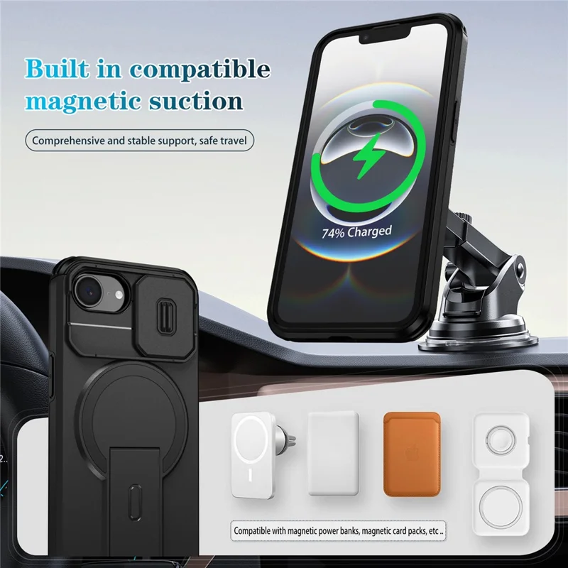For iPhone 16e Case Kickstand Camera Slider PC + TPU Phone Cover Compatible with MagSafe - Black