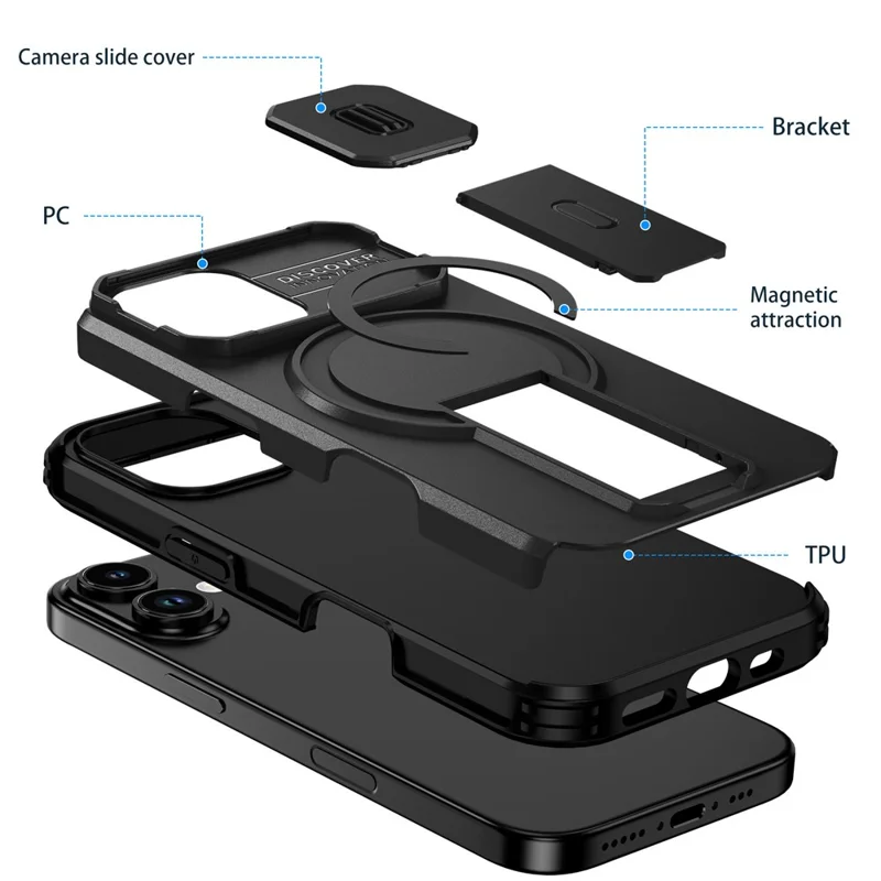 For iPhone 17 Case Kickstand Camera Slider PC + TPU Phone Cover Compatible with MagSafe - Black