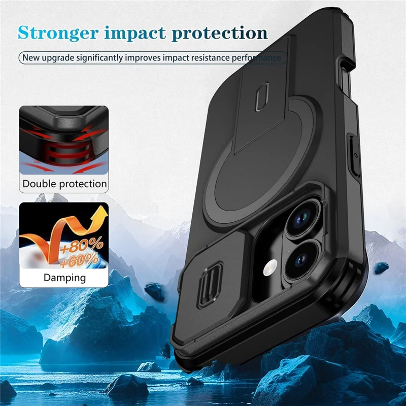 For iPhone 17 Case Kickstand Camera Slider PC + TPU Phone Cover Compatible with MagSafe - Black