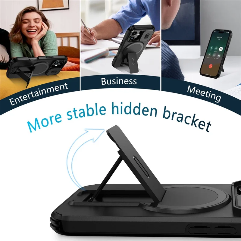 For iPhone 17 Case Kickstand Camera Slider PC + TPU Phone Cover Compatible with MagSafe - Black