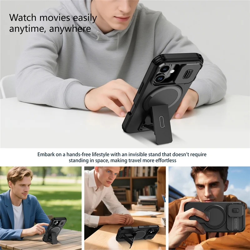For iPhone 17 Case Kickstand Camera Slider PC + TPU Phone Cover Compatible with MagSafe - Black