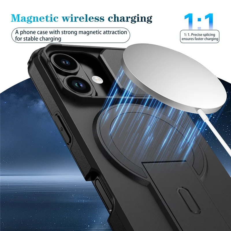 For iPhone 17 Case Kickstand Camera Slider PC + TPU Phone Cover Compatible with MagSafe - Black