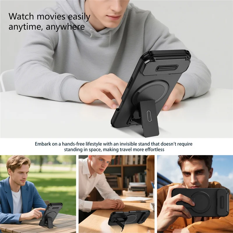 Étui avec béquille et cache-objectif pour iPhone Air, coque de téléphone en PC + TPU compatible avec MagSafe - Noir