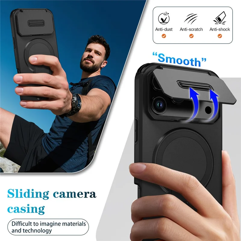 For iPhone 17 Pro Case Kickstand Camera Slider PC + TPU Phone Cover Compatible with MagSafe - Black
