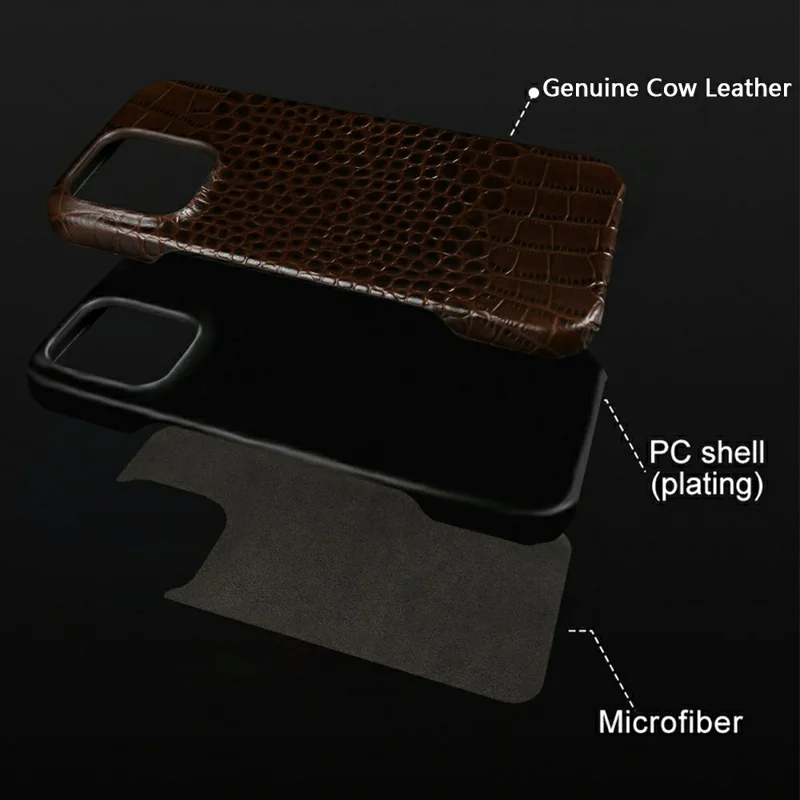 Capa para iPhone 16 Pro Max Textura de Crocodilo Couro de Vaca Genuíno Revestido de PC Compatível com MagSafe - Café