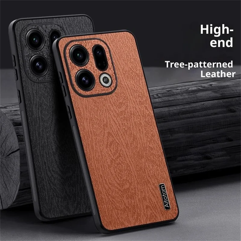 For Oppo Find X9 5G Case Træstruktur PU-læderbelagt PC TPU telefonbeskytning - Brun
