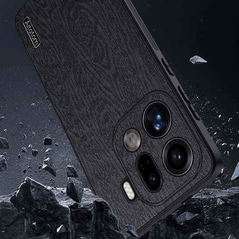 Voor Oppo Find X9 Pro 5G hoesje met houtnerf PU leer coating PC TPU telefoonhoes - Zwart