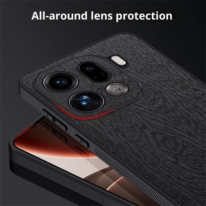 Voor Oppo Find X9 Pro 5G hoesje met houtnerf PU leer coating PC TPU telefoonhoes - Zwart