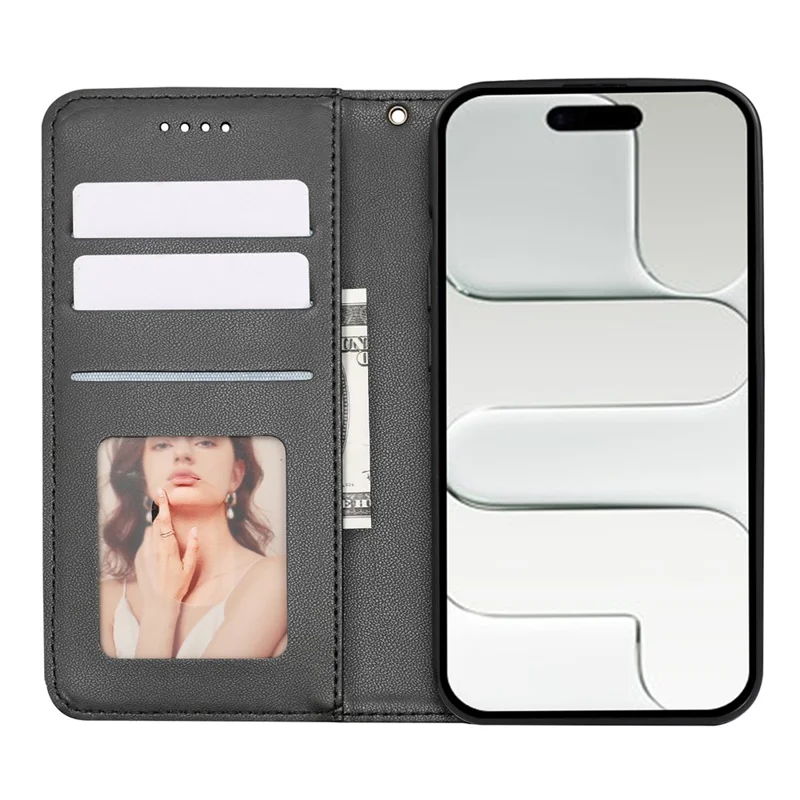 For iPhone Air Wallet Phone Case Checkered Pattern Imprint Leather Flip Cover with Wrist Strap - Black