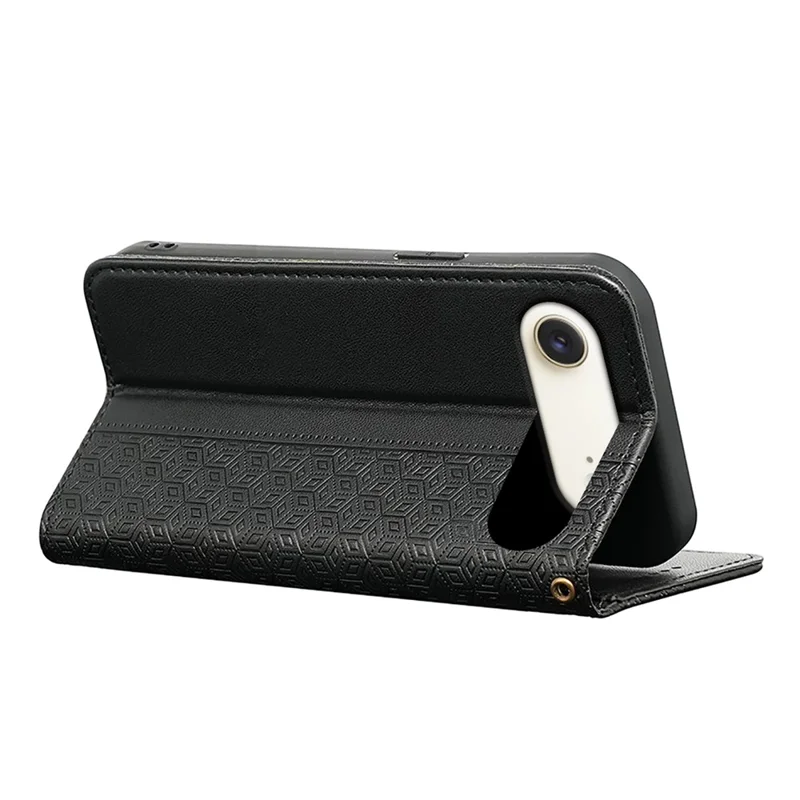 For iPhone Air Wallet Phone Case Checkered Pattern Imprint Leather Flip Cover with Wrist Strap - Black