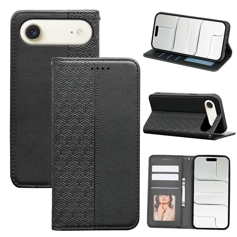 For iPhone Air Wallet Phone Case Checkered Pattern Imprint Leather Flip Cover with Wrist Strap - Black