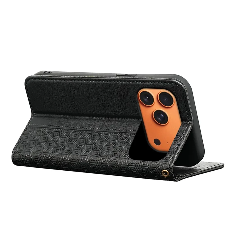 For iPhone 18 Pro Max / 17 Pro Max Wallet Phone Case Checkered Pattern Imprint Leather Flip Cover with Wrist Strap - Black