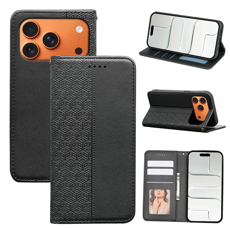 For iPhone 18 Pro Max / 17 Pro Max Wallet Phone Case Checkered Pattern Imprint Leather Flip Cover with Wrist Strap - Black
