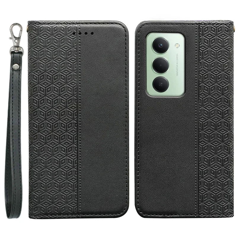 Xiaomi Redmi 15 5G (Global) (169mm) Brieftasche Handyhülle Kariertes Muster Geprägtes Leder Flip Cover mit Handgelenkschlaufe - Schwarz