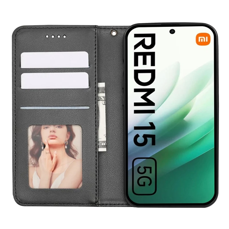 Xiaomi Redmi 15 5G (Global) (169mm) Brieftasche Handyhülle Kariertes Muster Geprägtes Leder Flip Cover mit Handgelenkschlaufe - Schwarz