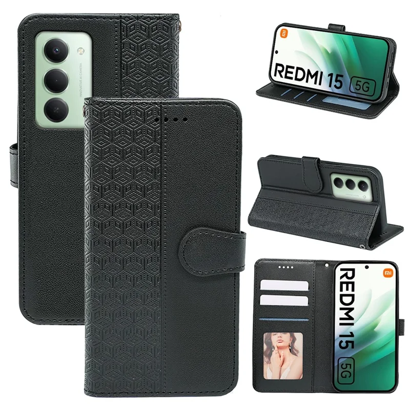 Xiaomi Redmi 15 5G (Global) (169mm) Brieftasche Handyhülle Muster Geprägtes Leder Flip Cover - Schwarz
