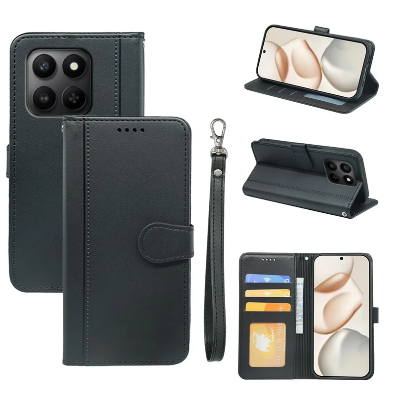 Portemonnee Hoesje voor Honor 400 Smart 5G / 4G / X7d 4G Magnetische Snap Leren Telefoonhoes met Bandje - Zwart
