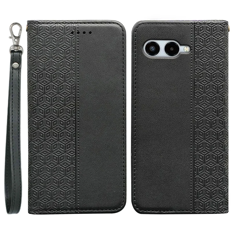 For T-Mobile REVVL 8 Wallet Phone Case Checkered Pattern Imprint Leather Flip Cover with Wrist Strap - Black