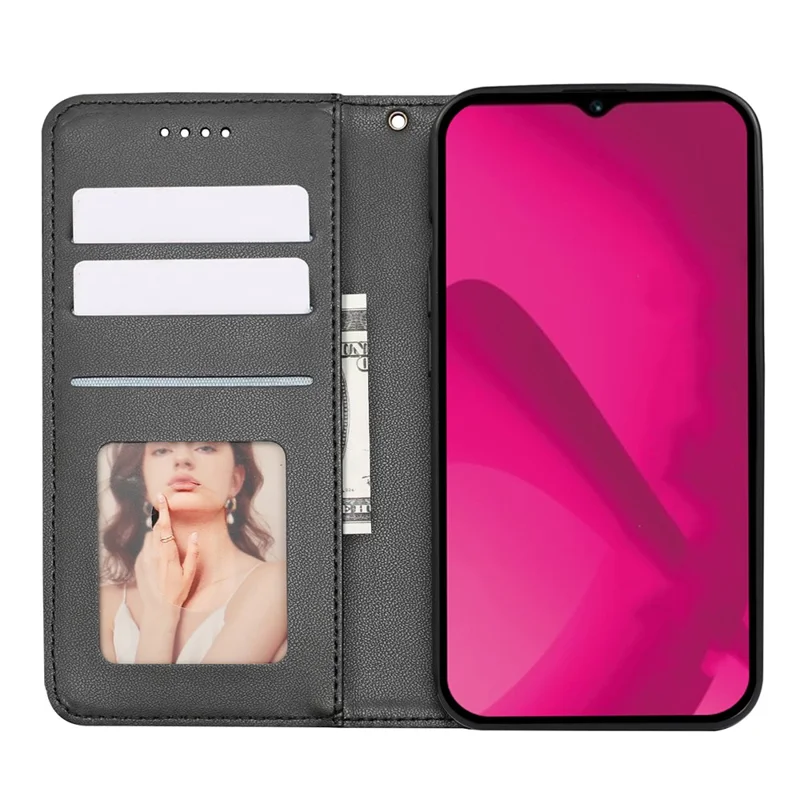 For T-Mobile REVVL 8 Wallet Phone Case Checkered Pattern Imprint Leather Flip Cover with Wrist Strap - Black