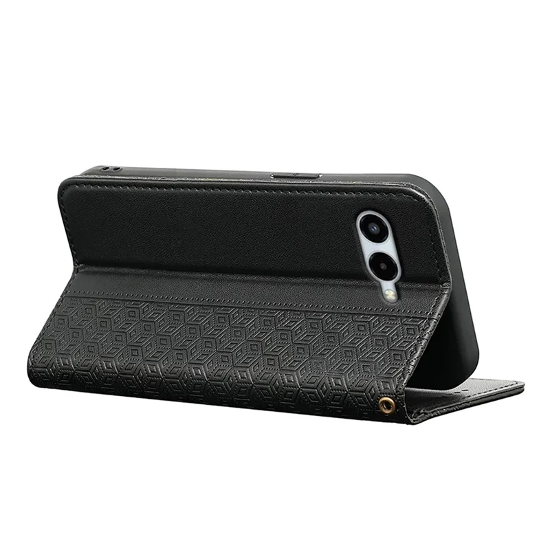 For T-Mobile REVVL 8 Wallet Phone Case Checkered Pattern Imprint Leather Flip Cover with Wrist Strap - Black