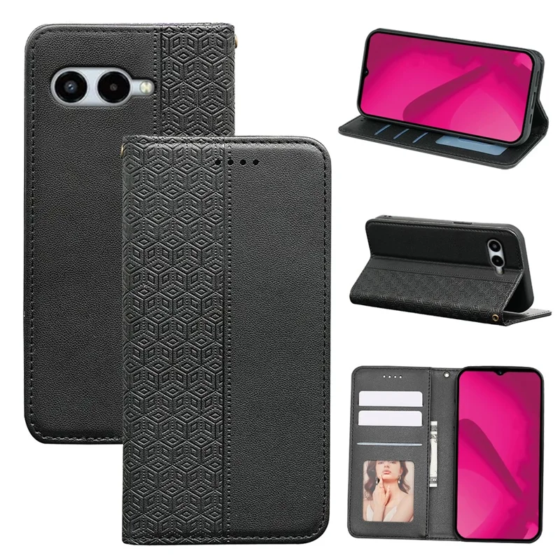 For T-Mobile REVVL 8 Wallet Phone Case Checkered Pattern Imprint Leather Flip Cover with Wrist Strap - Black