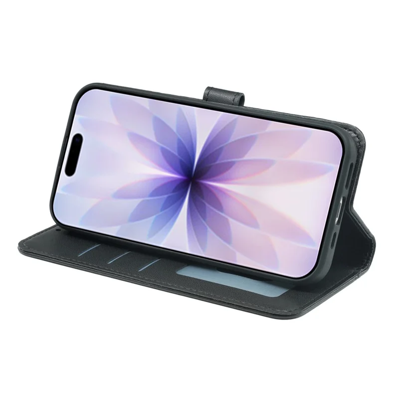 iPhone 17 Brieftasche Hülle Magnetischer Druckknopf Leder Handyhülle mit Riemen - Schwarz