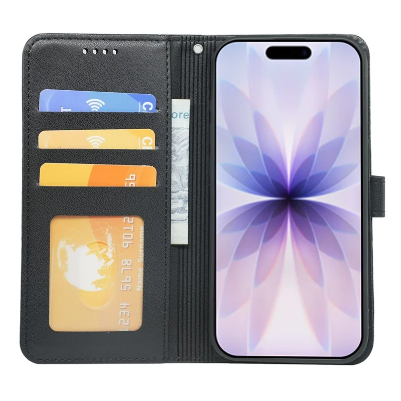 iPhone 17 Brieftasche Hülle Magnetischer Druckknopf Leder Handyhülle mit Riemen - Schwarz