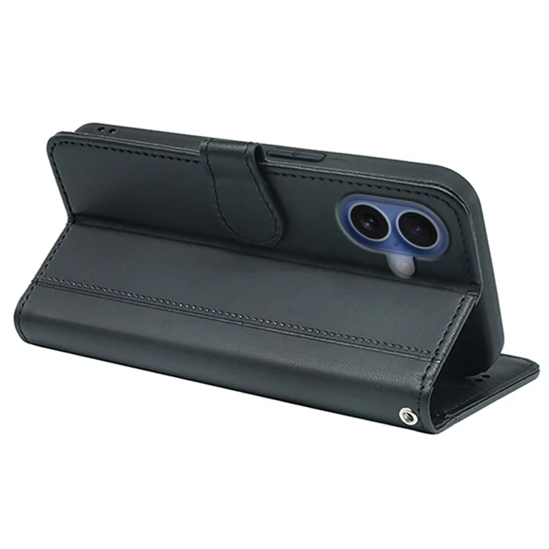 iPhone 17 Brieftasche Hülle Magnetischer Druckknopf Leder Handyhülle mit Riemen - Schwarz