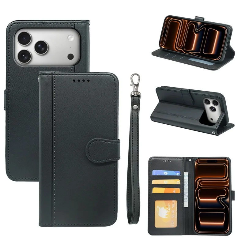For iPhone 18 Pro / 17 Pro Wallet Case Magnetic Snap Leather Phone Cover with Strap - Black