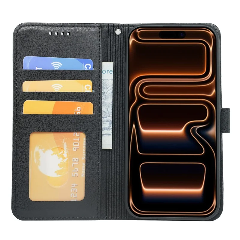 For iPhone 18 Pro / 17 Pro Wallet Case Magnetic Snap Leather Phone Cover with Strap - Black