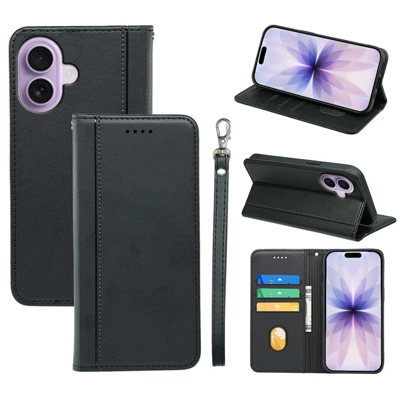 For iPhone 17 Wallet Case Magnetic Closing PU Leather Phone Cover with Wrist Strap - Black