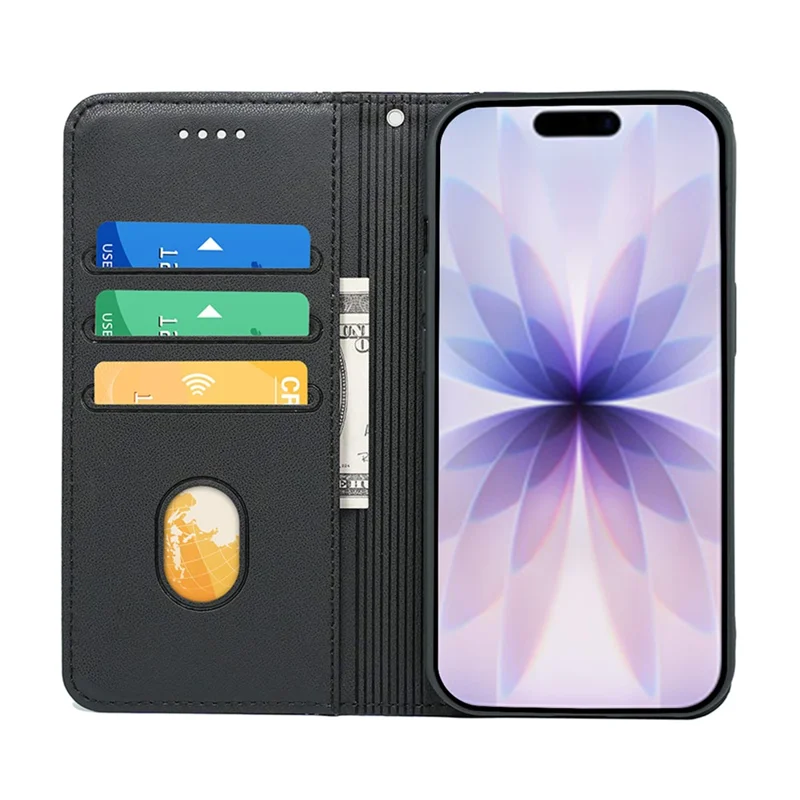 For iPhone 17 Wallet Case Magnetic Closing PU Leather Phone Cover with Wrist Strap - Black